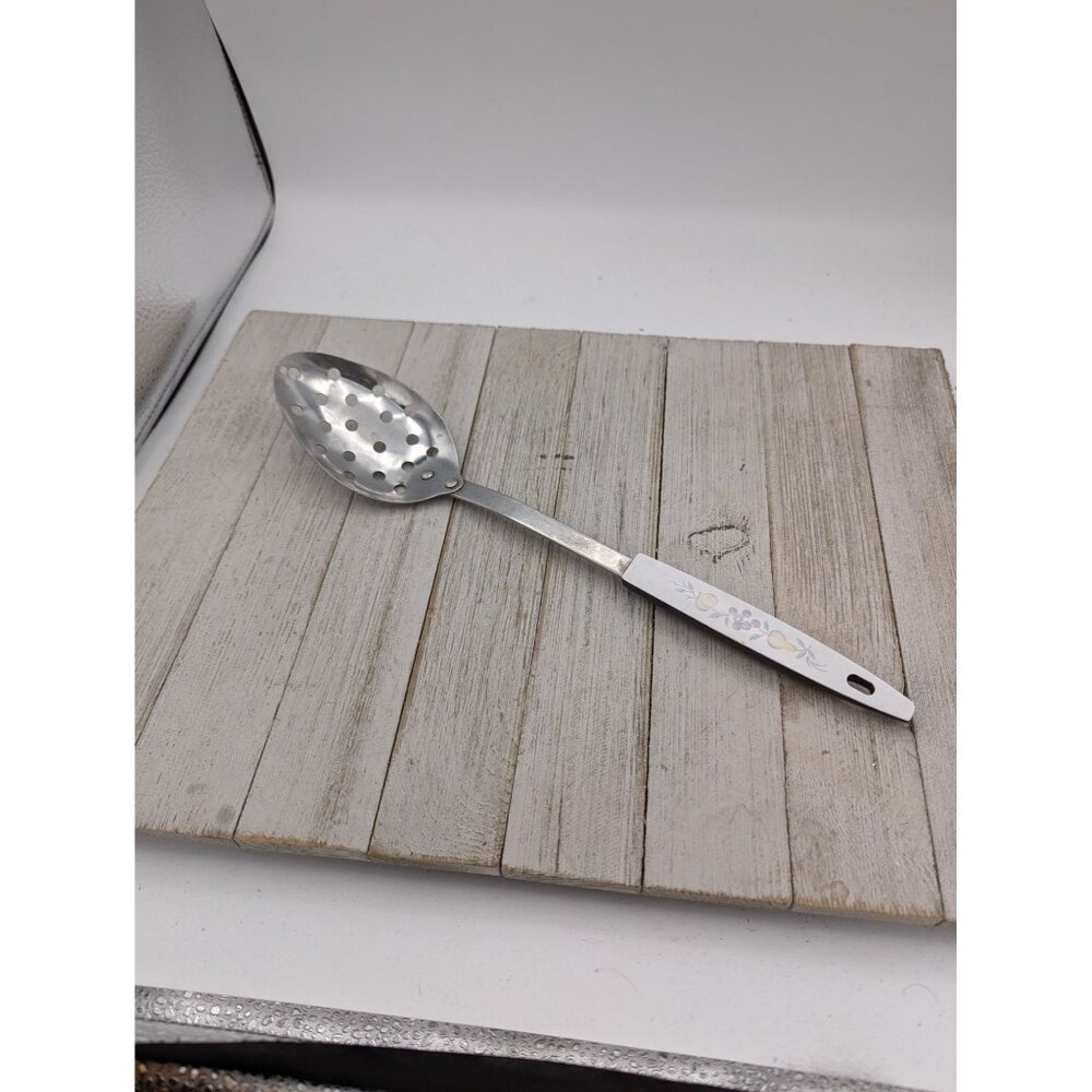 Stainless Steel Serving Slotted Spoon 12 3/4" Vintage White Fruit Veggie Handle